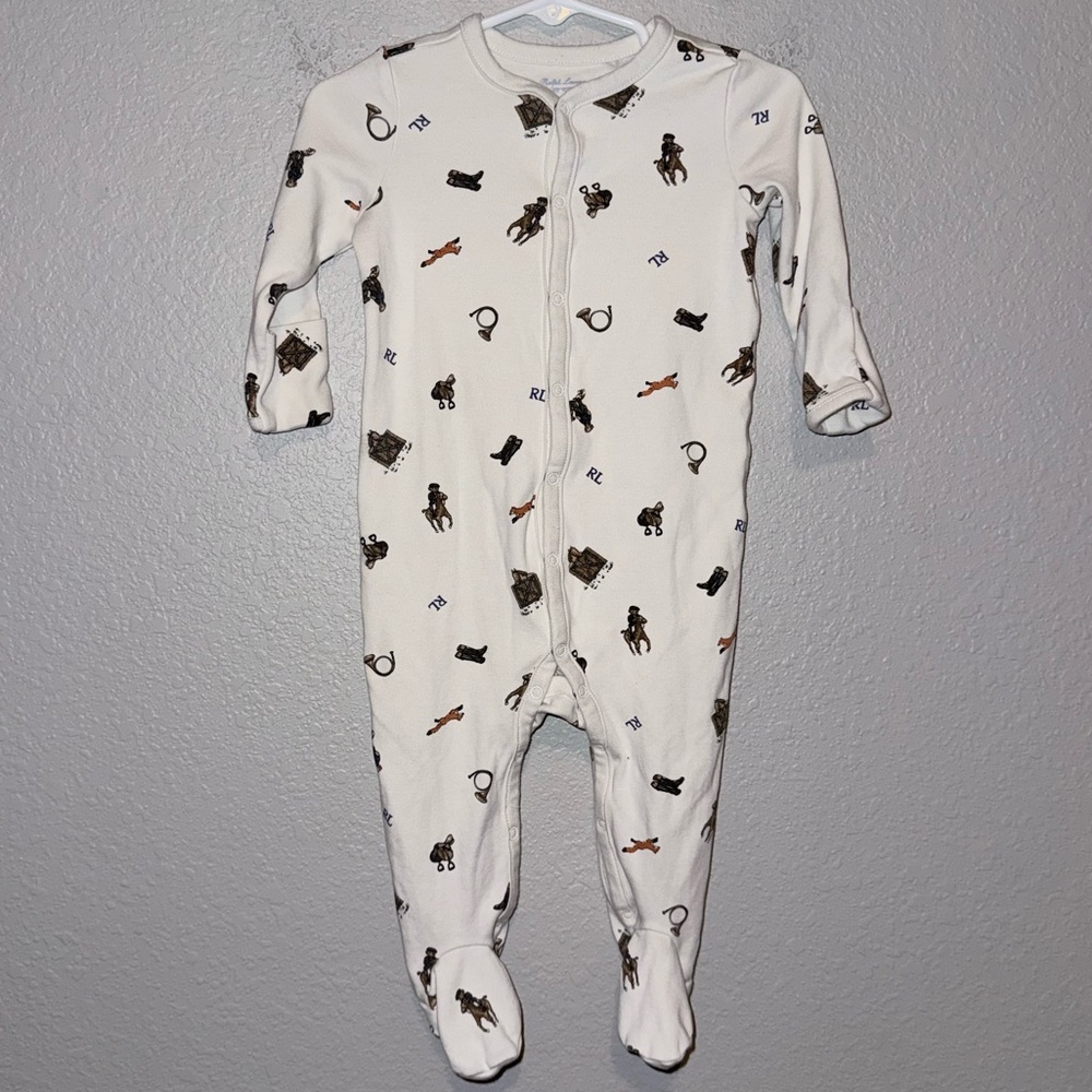 Polo Ralph Lauren Equestrian Bear Footed Snap Onesie 9M Baby Classic Print
